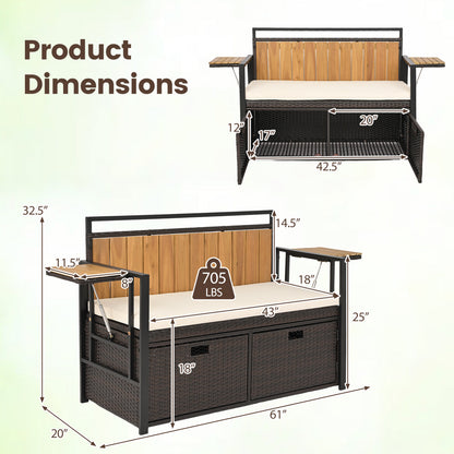 Outdoor storage bench with two side tables and two-seater bench seat by Wilsons Home Store, ideal for garden or patio storage.