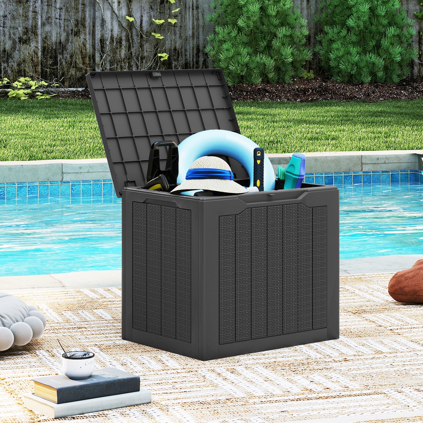 Outdoor Storage Box 25 Gallon Deck Box with Lockable Lid and Wicker-woven Texture-Black