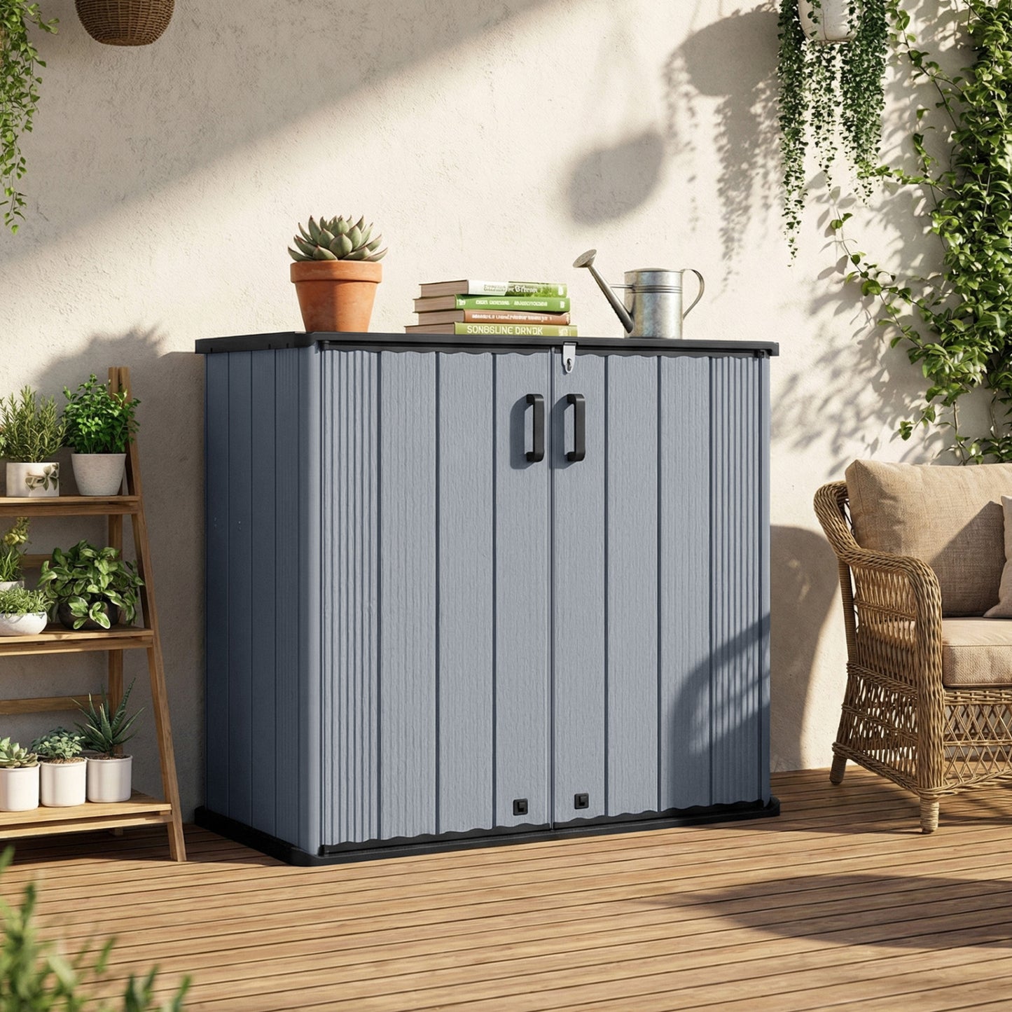 Outdoor Storage Shed 23.5 Cu.ft All-Weather Storage Box with Floor Lockable Door-Gray