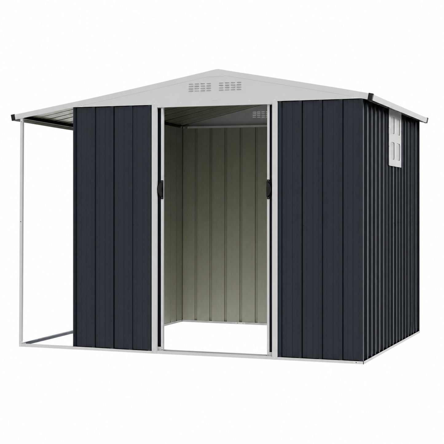 Outdoor Storage Shed with Lockable Double Sliding Door and Open Firewood Bay-Gray