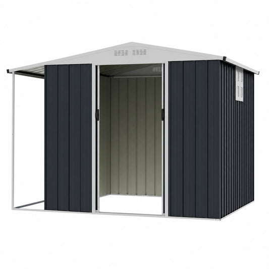 Gray outdoor storage shed with lockable double sliding doors and open firewood bay, ideal for garden organization and outdoor storage.