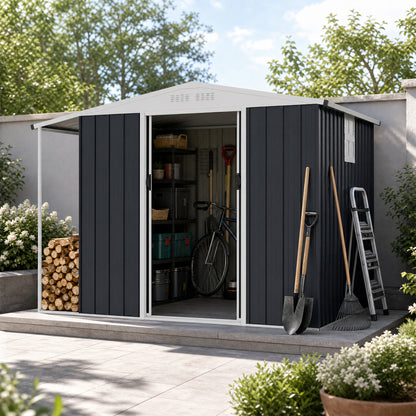 Outdoor Storage Shed with Lockable Double Sliding Door and Open Firewood Bay-Gray