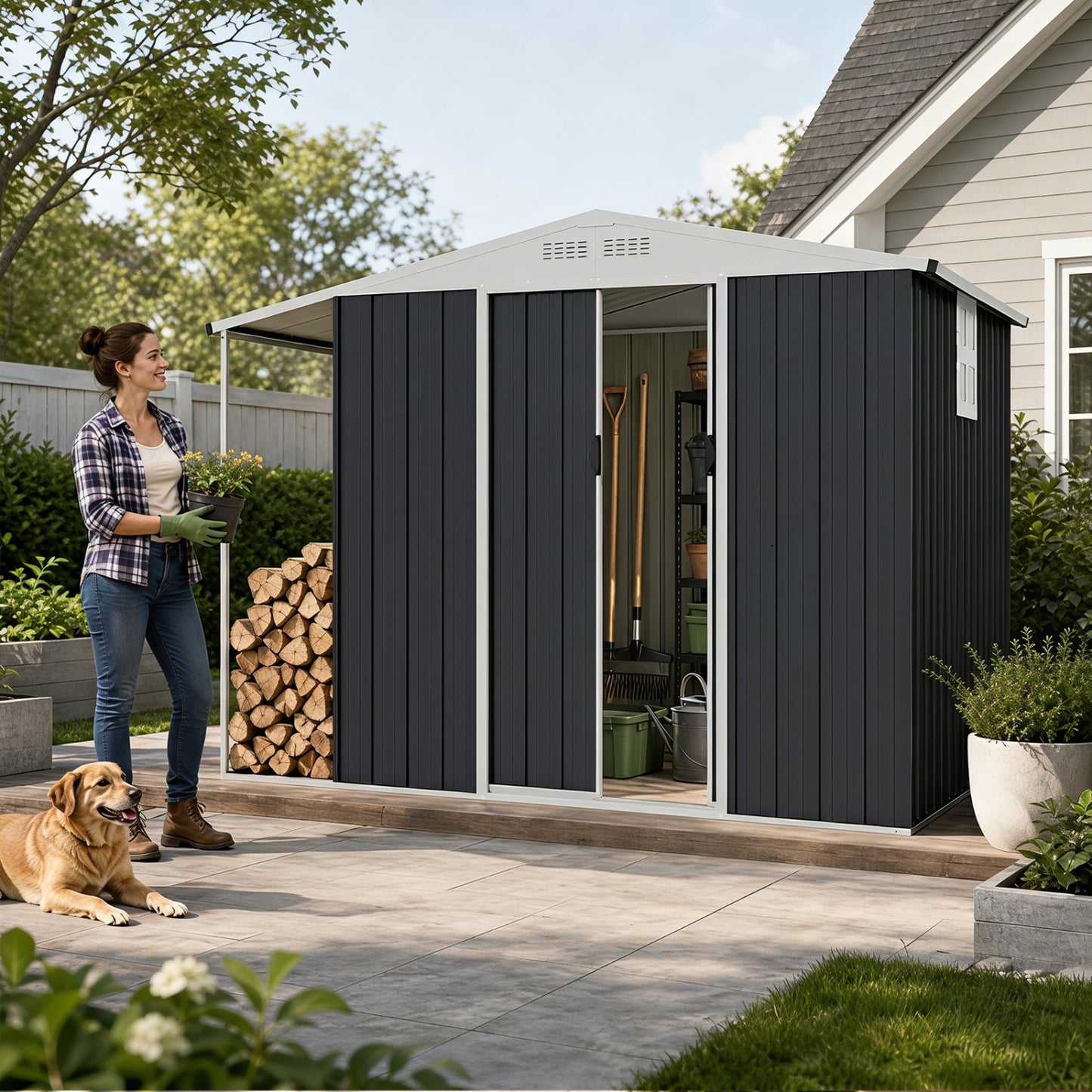 Outdoor Storage Shed with Lockable Double Sliding Door and Open Firewood Bay-Gray
