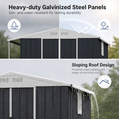 Outdoor Storage Shed with Lockable Double Sliding Door and Open Firewood Bay-Gray