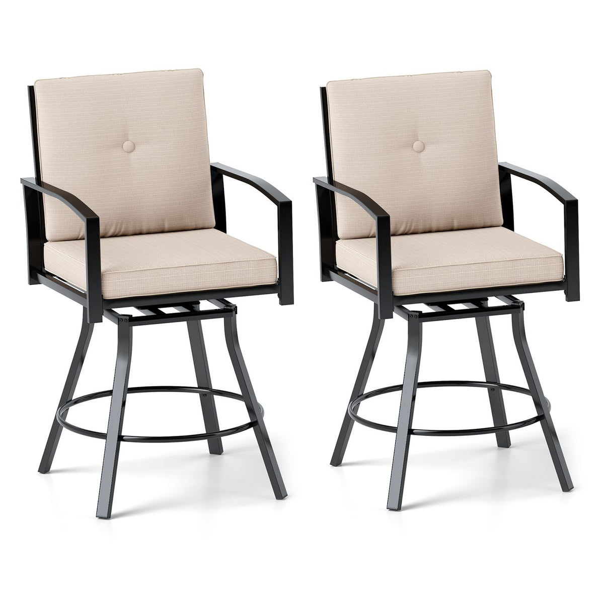 Outdoor Swivel Bar Stools Set of 2 Bar Height Patio Chairs with High Backrest-Beige