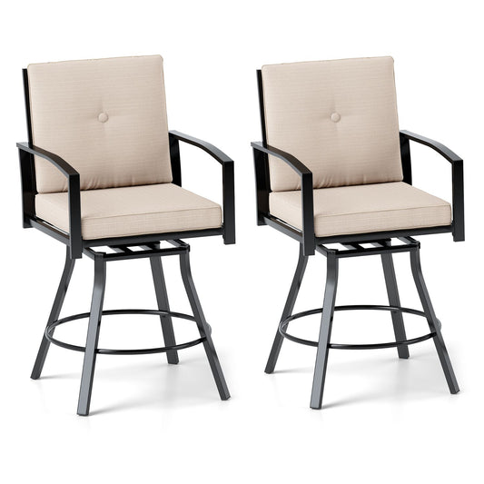 Set of two beige outdoor swivel bar stools with high backrests, perfect for patio bar furniture and outdoor dining.
