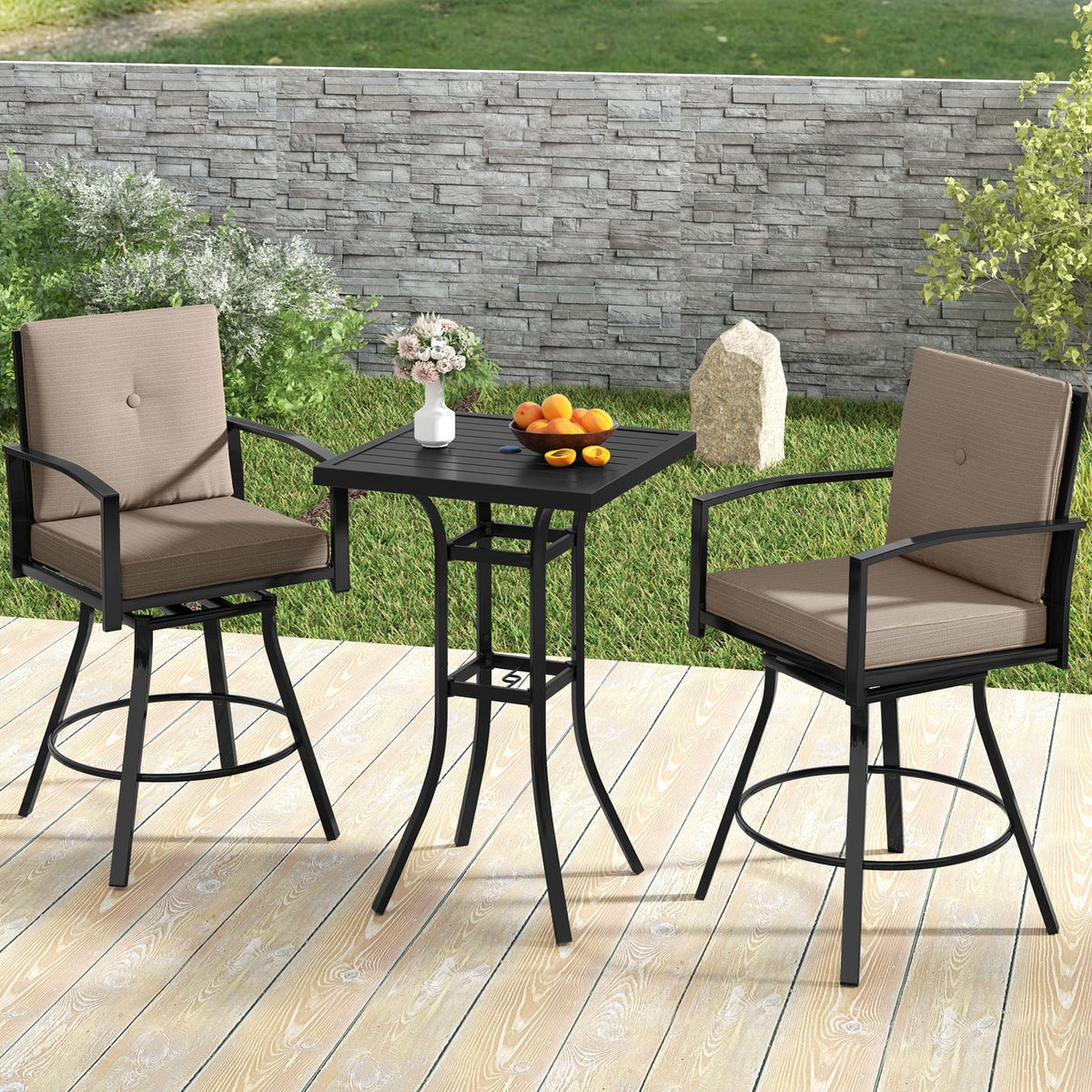 Outdoor Swivel Bar Stools Set of 2 Bar Height Patio Chairs with High Backrest-Beige