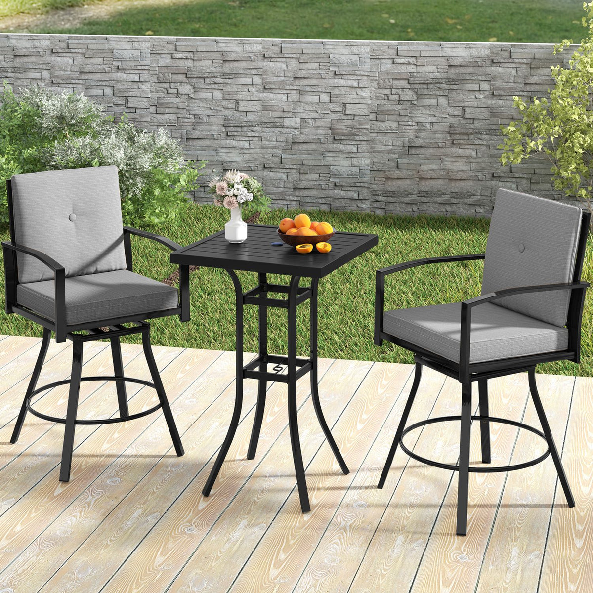 Outdoor Swivel Bar Stools Set of 2 Bar Height Patio Chairs with High Backrest-Beige
