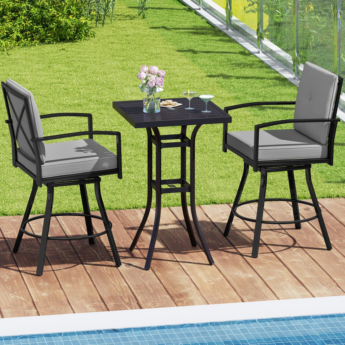 Outdoor Swivel Bar Stools Set of 2 Bar Height Patio Chairs with High Backrest-Beige
