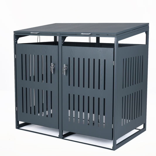 Outdoor Trash Can Storage Shed for 2 Bins with Gas Struts-Gray