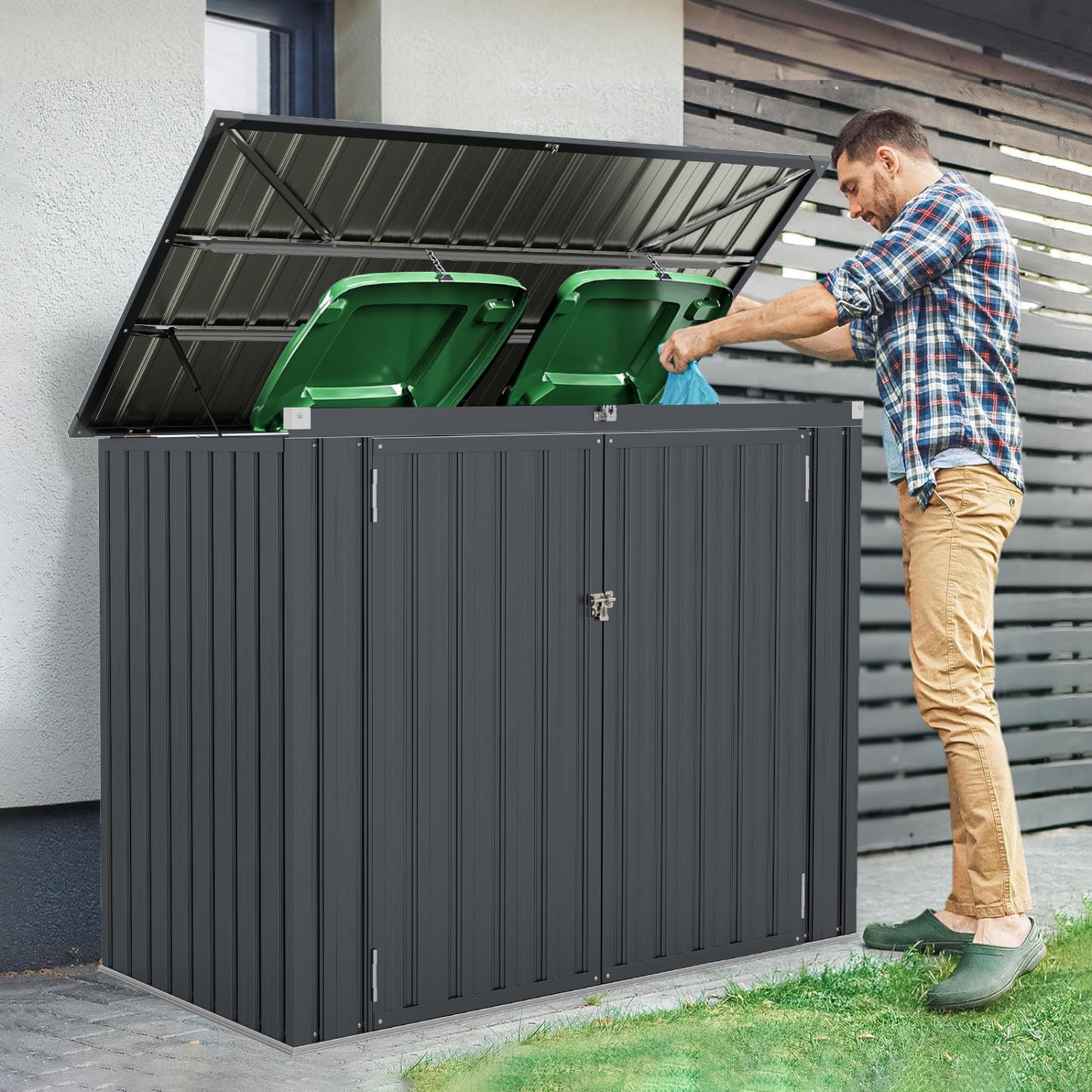 Dark gray outdoor trash can storage shed with double openings, designed for outdoor storage and garage organization.
