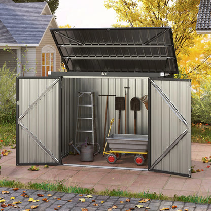 Dark gray outdoor trash can storage shed with double openings, designed for outdoor storage and lawn equipment by Wilsons Home Store