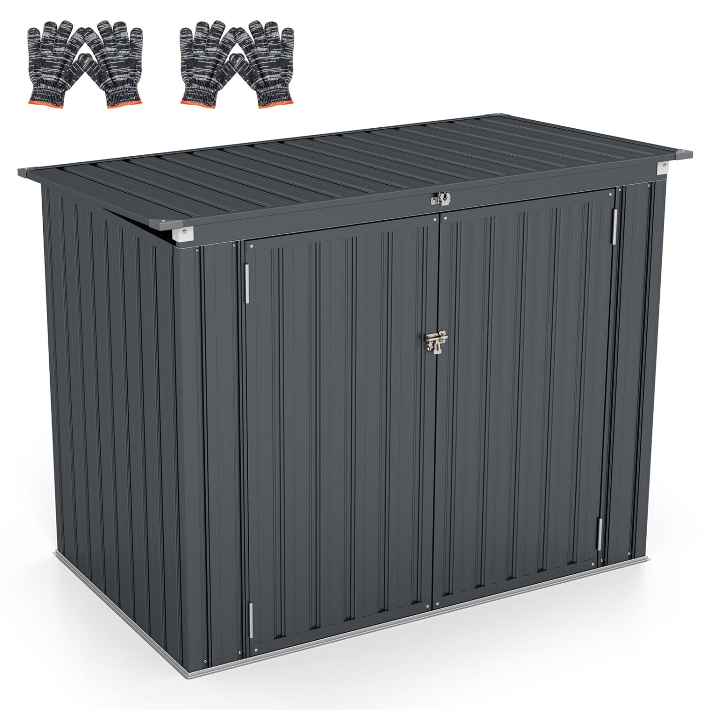 Dark gray outdoor trash can storage shed with double openings, ideal for outdoor storage and organizing trash bins.