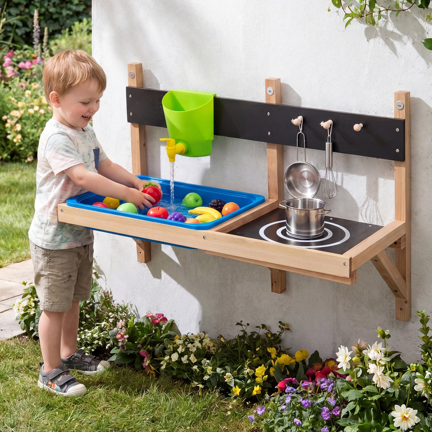 Outdoor wall-mounted kids' mud kitchen by Direct by Wilsons Home Store, featuring colorful pretend play kitchen with outdoor setup.