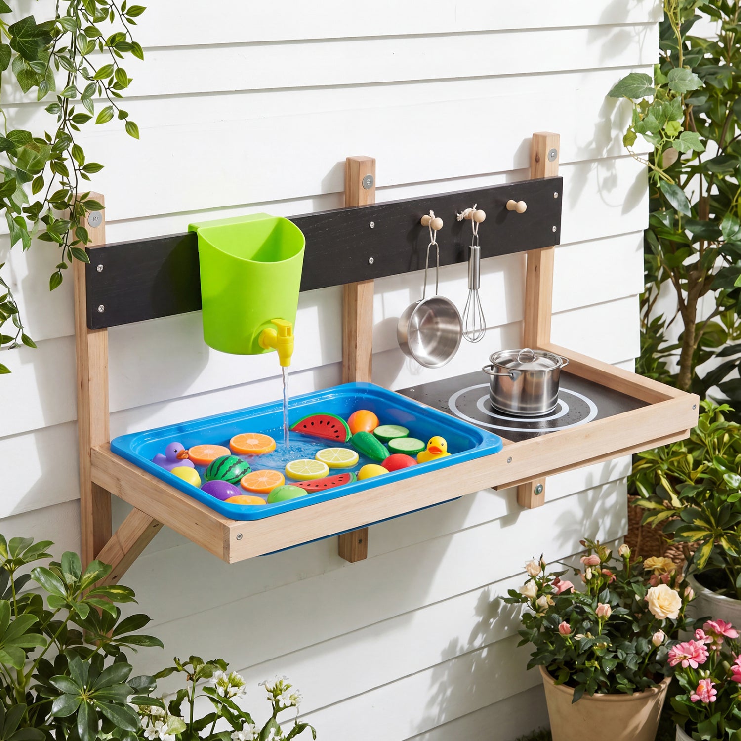 Outdoor wall-mounted mud kitchen for kids, part of pretend play kitchen sets by Direct by Wilsons Home Store, designed for ages 3+.
