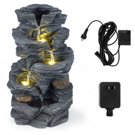 Outdoor Water Fountain with LED Lights and Pump 5-Tier Tabletop Cascading Rock Waterfall Feature