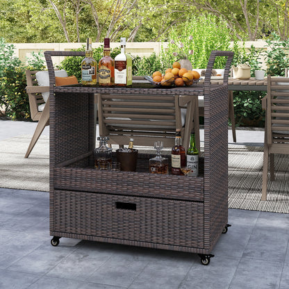 Outdoor Wicker Bar Cart Table with Tempered Glass Top
