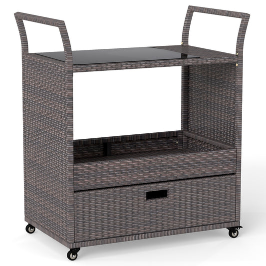 Outdoor Wicker Bar Cart Table with Tempered Glass Top