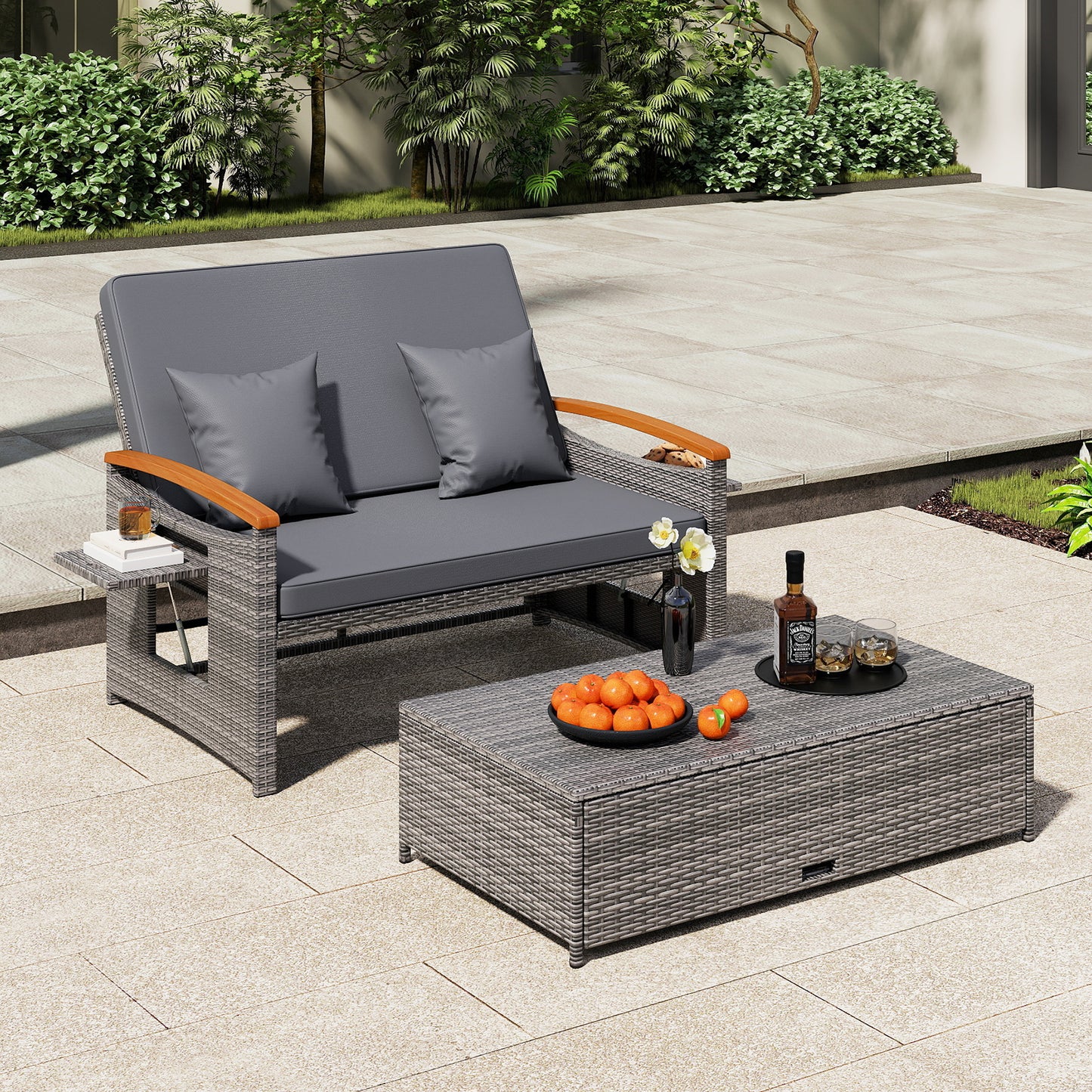 Outdoor Wicker Daybed with Folding Panels and Storage Ottoman-Dark Blue