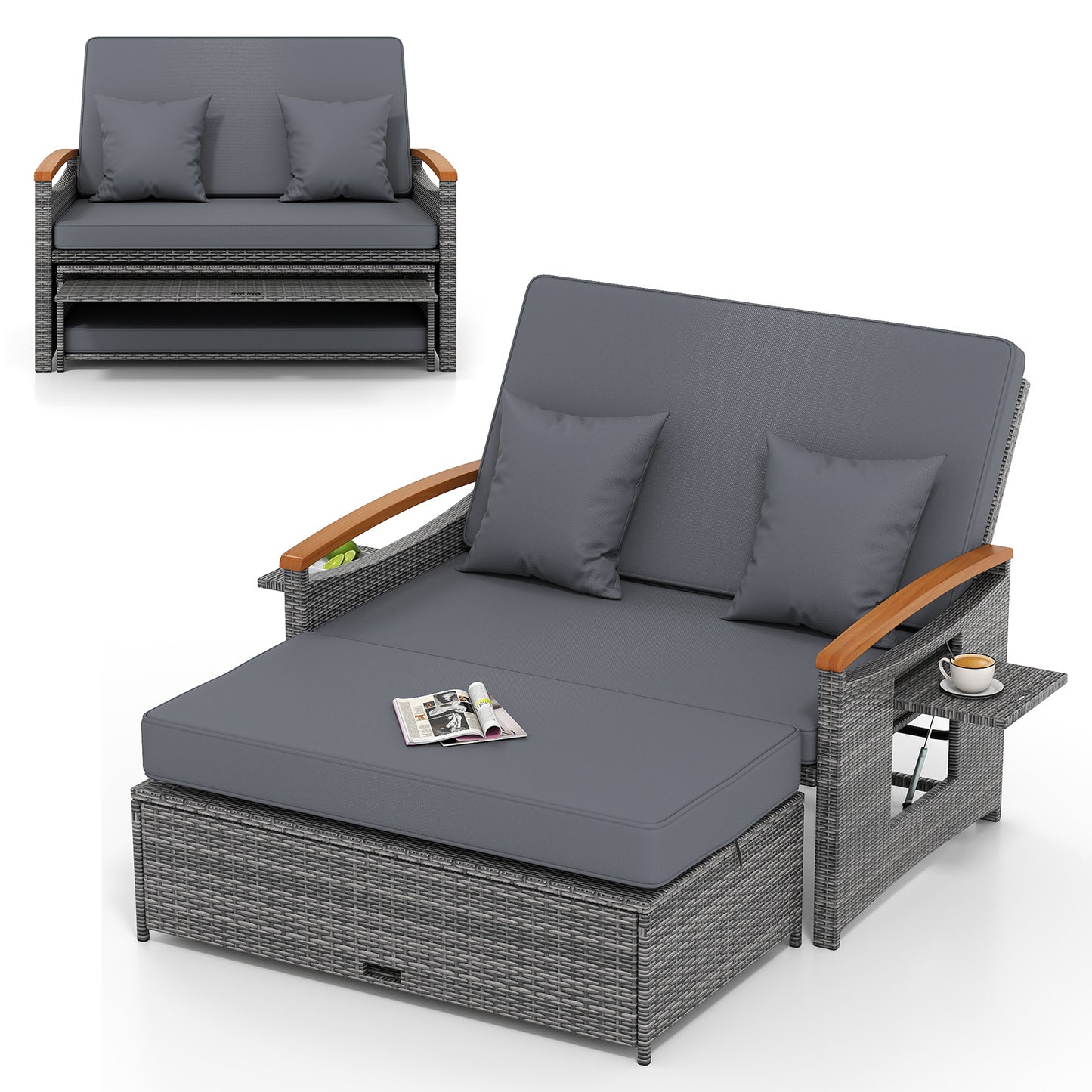 Outdoor Wicker Daybed with Folding Panels and Storage Ottoman-Dark Blue