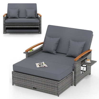 Outdoor Wicker Daybed with Folding Panels and Storage Ottoman-Dark Blue