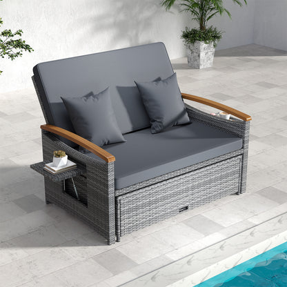 Outdoor Wicker Daybed with Folding Panels and Storage Ottoman-Dark Blue