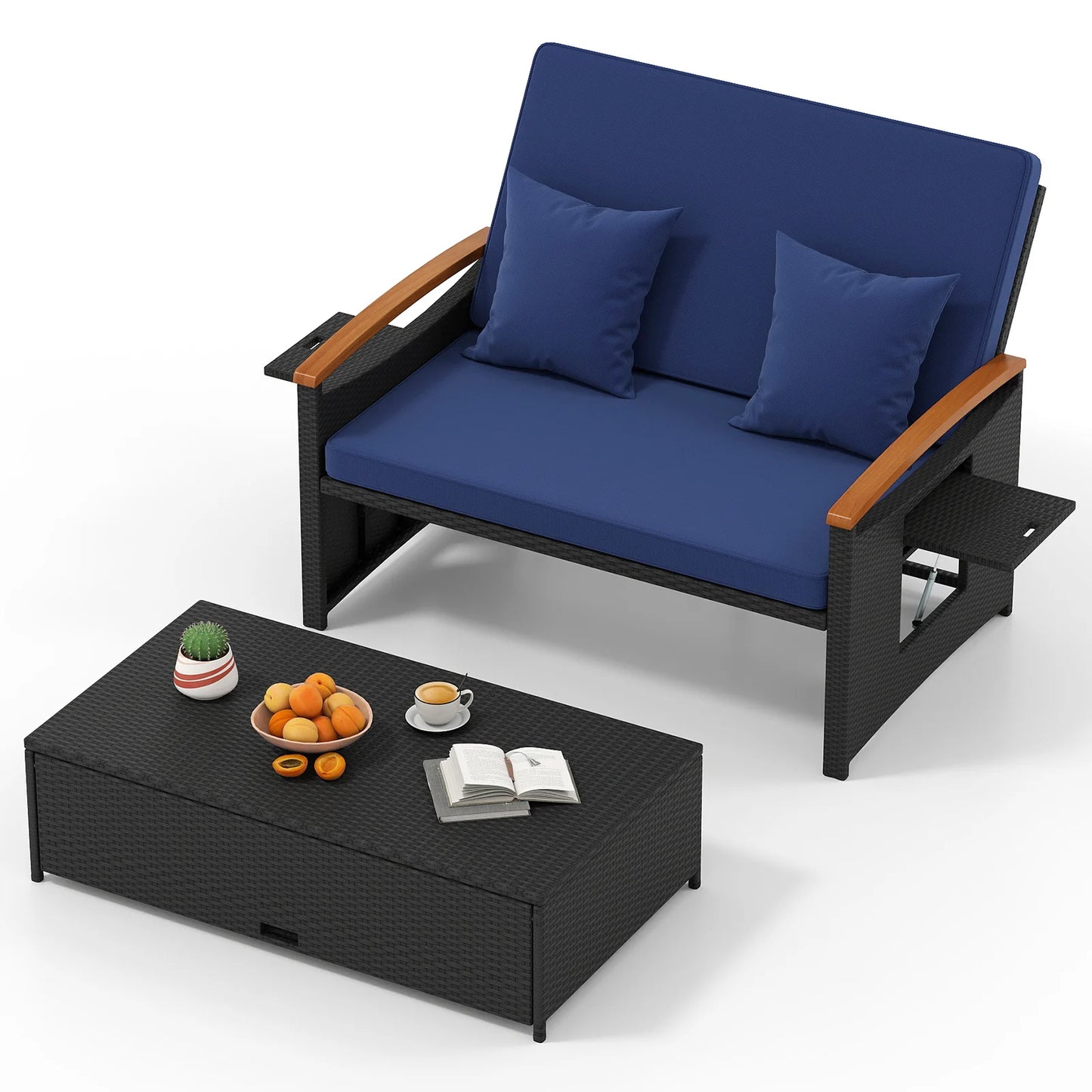 Outdoor Wicker Daybed with Folding Panels and Storage Ottoman-Dark Blue