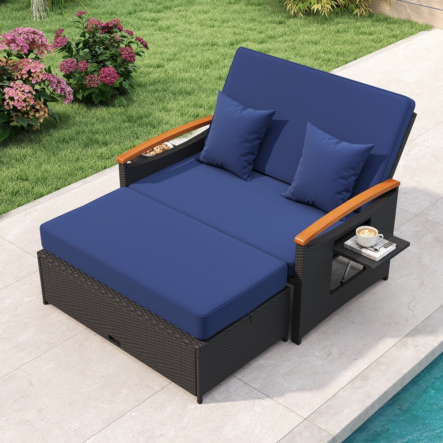 Outdoor Wicker Daybed with Folding Panels and Storage Ottoman-Dark Blue