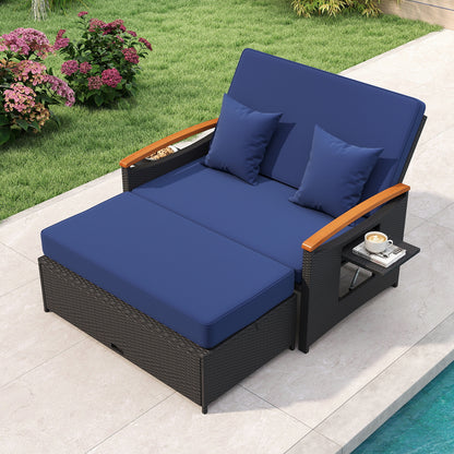 Outdoor Wicker Daybed with Folding Panels and Storage Ottoman-Dark Blue