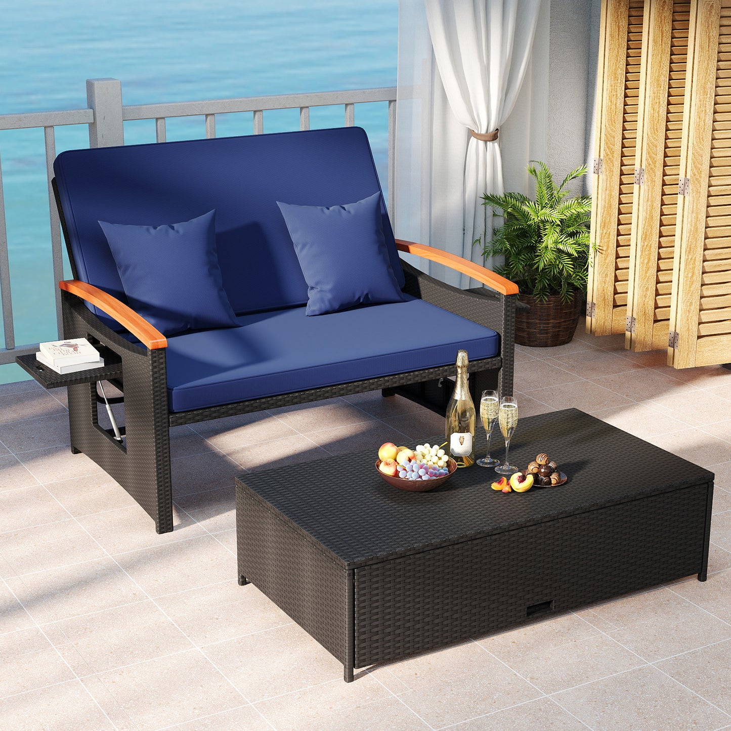 Outdoor Wicker Daybed with Folding Panels and Storage Ottoman-Dark Blue