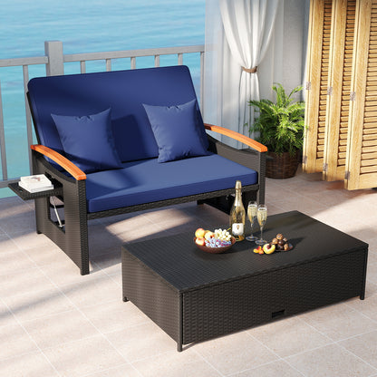 Outdoor Wicker Daybed with Folding Panels and Storage Ottoman-Dark Blue