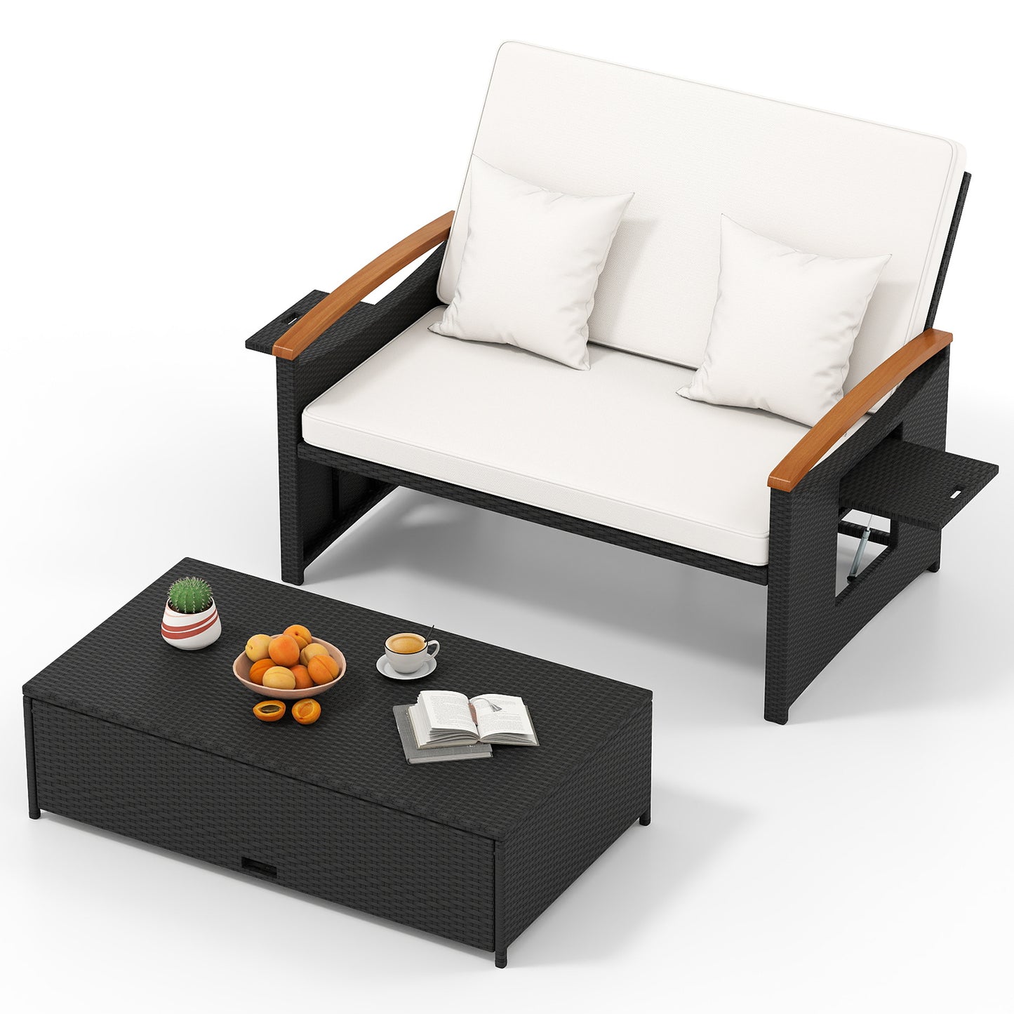 Outdoor Wicker Daybed with Folding Panels and Storage Ottoman-Dark Blue