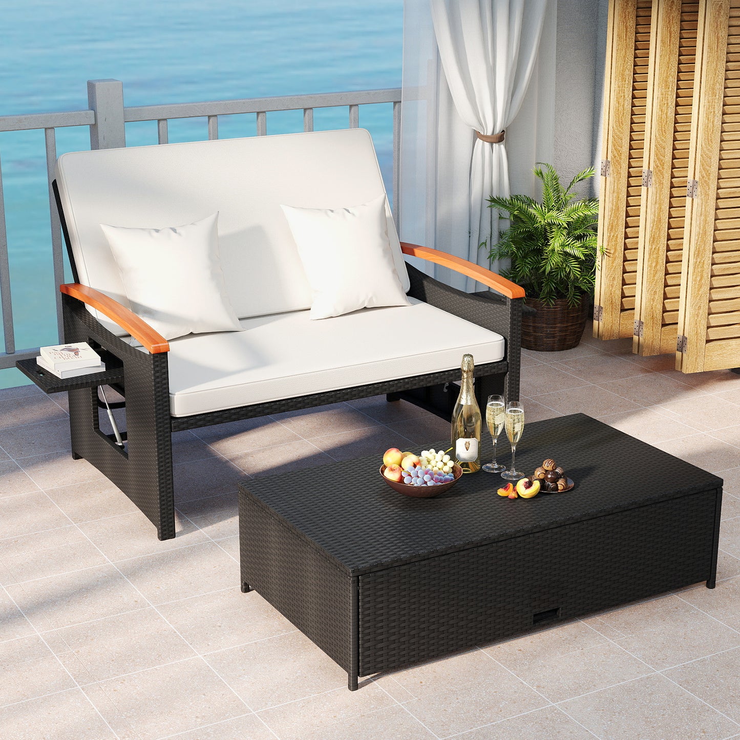 Outdoor Wicker Daybed with Folding Panels and Storage Ottoman-Dark Blue