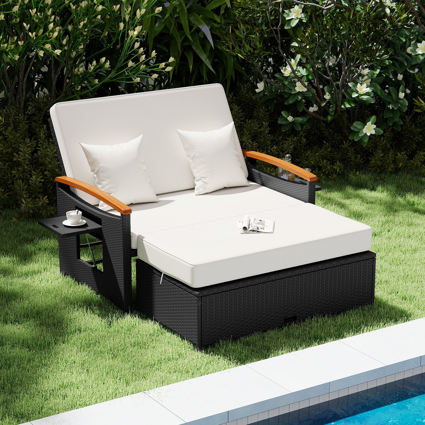 Outdoor Wicker Daybed with Folding Panels and Storage Ottoman-Dark Blue