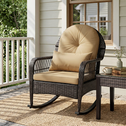 Outdoor Wicker Rocking Chair with Anti-Tip Stoppers 400 LBS for Porch Deck-Brown
