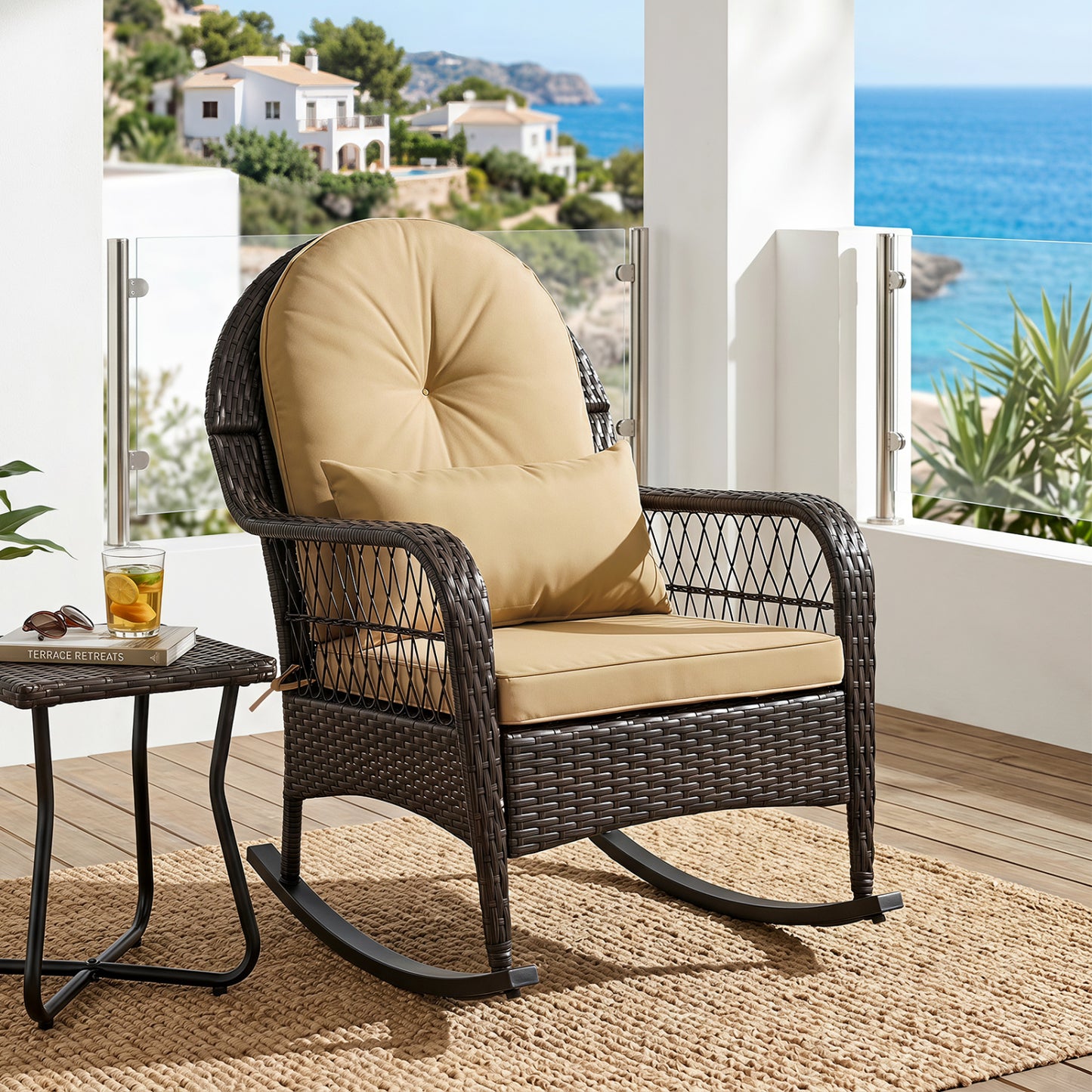 Outdoor Wicker Rocking Chair with Anti-Tip Stoppers 400 LBS for Porch Deck-Brown