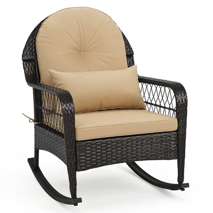 Outdoor Wicker Rocking Chair with Anti-Tip Stoppers 400 LBS for Porch Deck-Brown