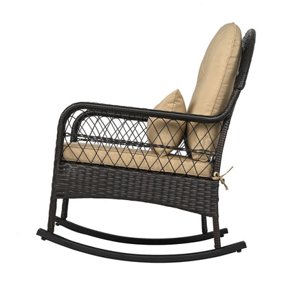 Outdoor Wicker Rocking Chair with Anti-Tip Stoppers 400 LBS for Porch Deck-Brown