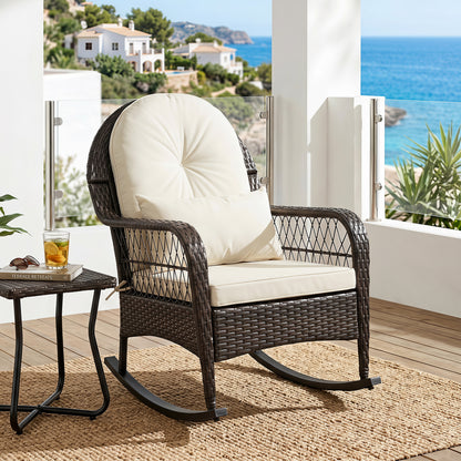 Outdoor Wicker Rocking Chair with Anti-Tip Stoppers 400 LBS for Porch Deck-Brown