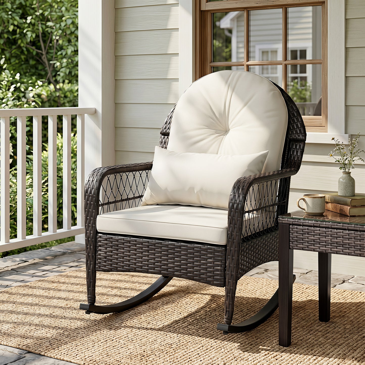 Outdoor Wicker Rocking Chair with Anti-Tip Stoppers 400 LBS for Porch Deck-Brown