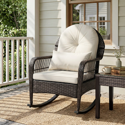 Outdoor Wicker Rocking Chair with Anti-Tip Stoppers 400 LBS for Porch Deck-Brown