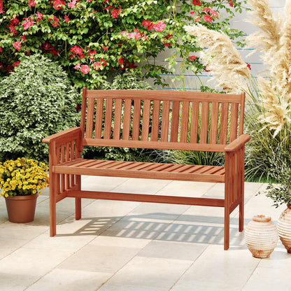 Outdoor Wood Garden Bench 2-Person Patio Park Bench with Backrest Armrests and Slatted Seat