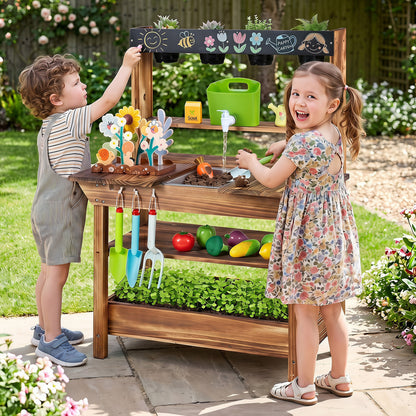 Brown outdoor wooden mud kitchen for kids with water faucet and planter, ideal for pretend play ages 3 and up.