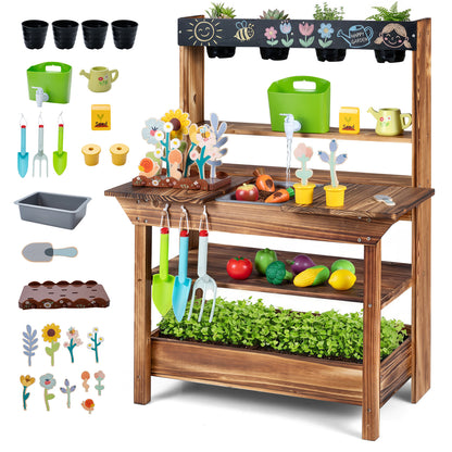 Outdoor wooden mud kitchen for kids with water faucet and planter, brown play kitchen set for ages 3+ by Wilsons Home Store