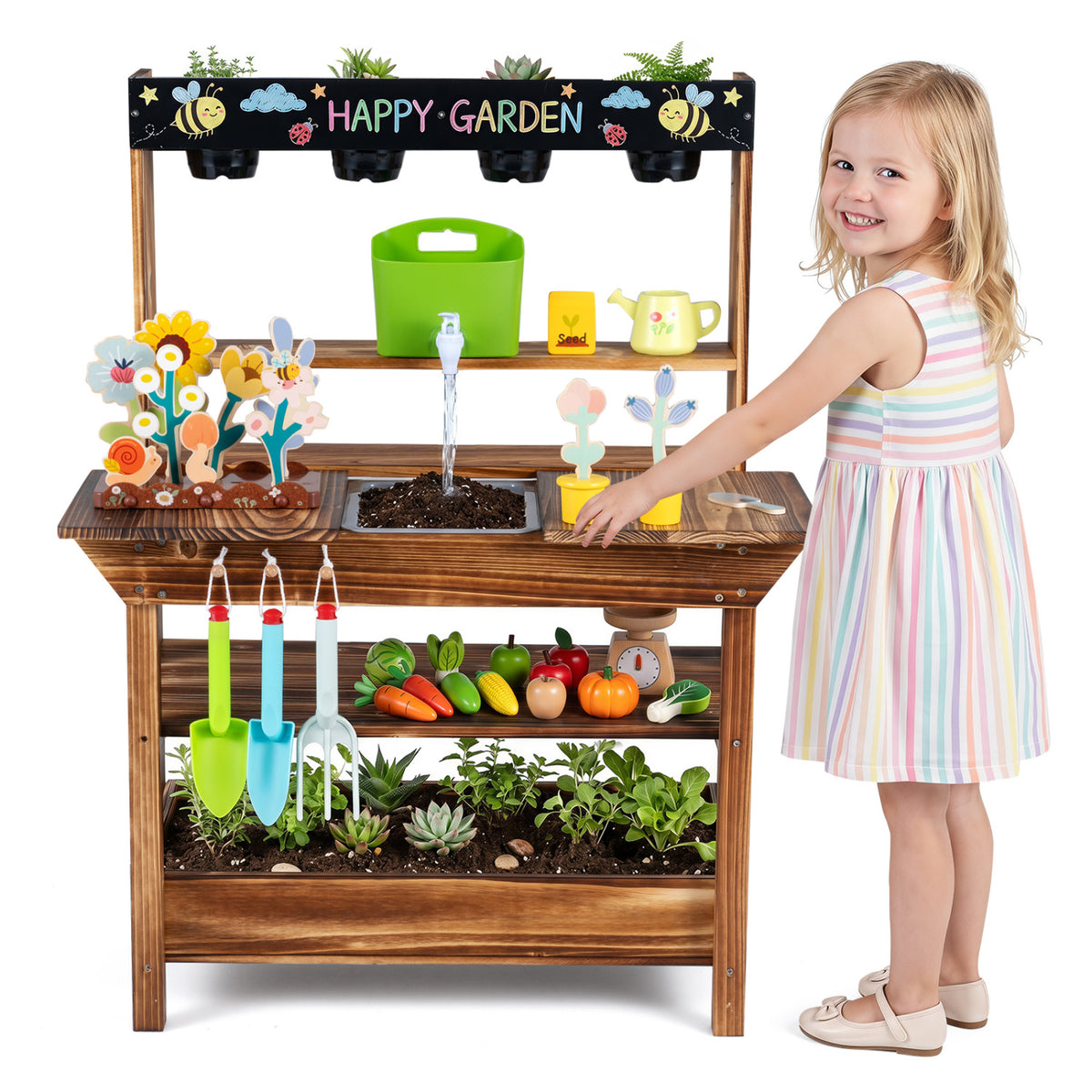 Wooden outdoor mud kitchen for kids with water faucet and planter, brown toy play kitchen set for children age 3+.