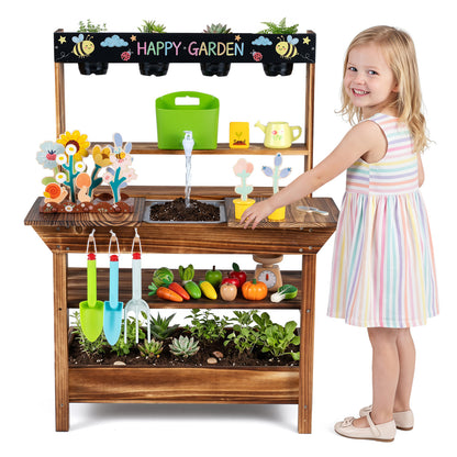 Wooden outdoor mud kitchen for kids with water faucet and planter, brown toy play kitchen set for children age 3+.