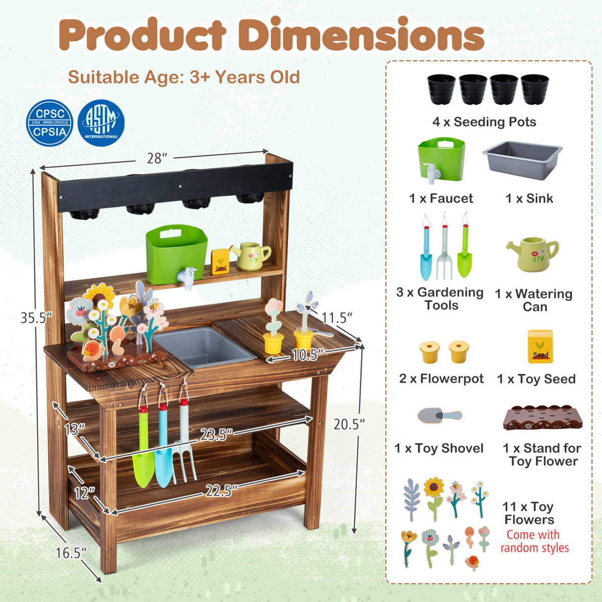 Outdoor wooden mud kitchen for kids with water faucet and planter, brown play kitchen set for children ages 3 and up.
