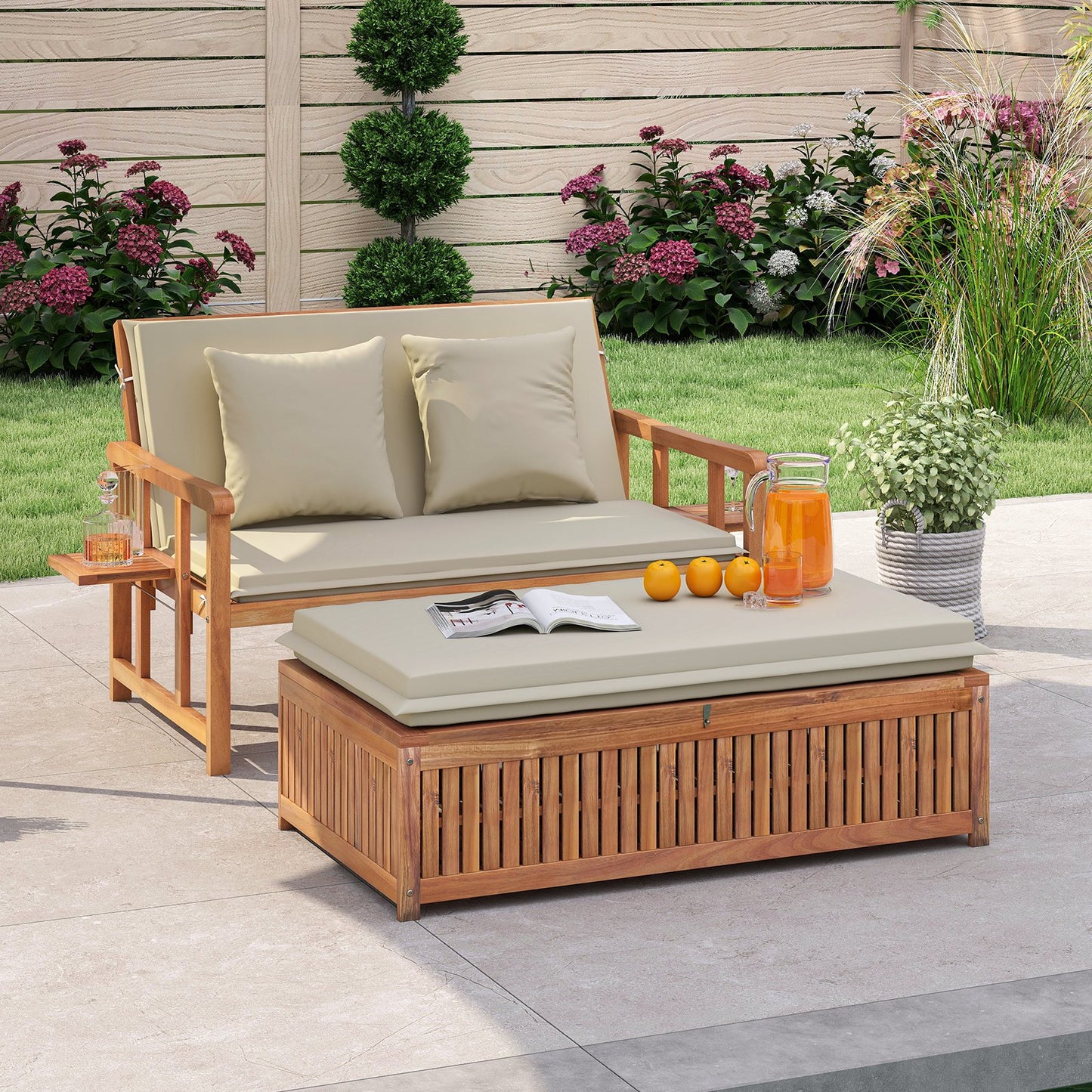 Outdoor Wooden Daybed with 4-Level Backrest and Removable Cushions-White