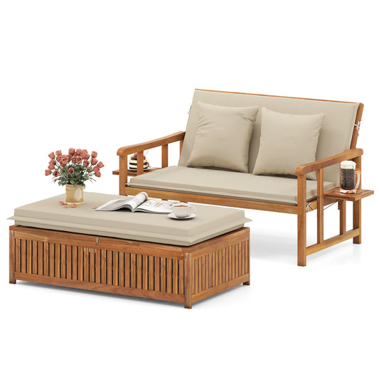 Outdoor Wooden Daybed with 4-Level Backrest and Removable Cushions-White