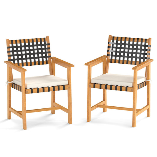 Outdoor Wooden Dining Chair Set of 2 with Armrests and Curved Back-White